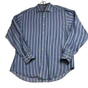 Thomas Dean Mens L Blue Striped Pima Cotton Button Down Shirt Paisley Contrast